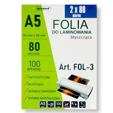 Folia do Laminacji A5 2x80 mic (100 szt.) 154x216 mm | PENWORD (FOL-3)