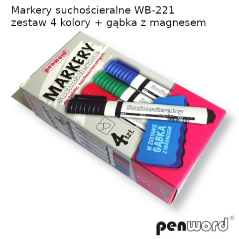 Zestaw Markerów Suchościeralnych do Tablic 4 Kolory + Gąbka WB-221 | PENWORD