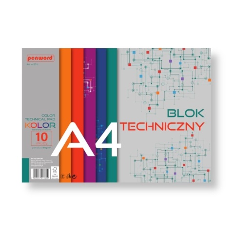BLOK TECHNICZNY A4 KOLOROWY 10 KARTEK PREMIUM GRAMATURA 180 g BT-3 , PENWORD