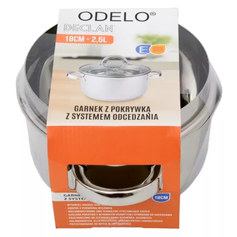 GARNEK STALOWY Z POKRYWĄ FUNKCJA ODCEDZANIA 18 x 10 cm 2,5 L DECLAN , ODELO