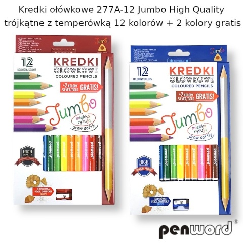 KREDKI OŁÓWKOWE 12 + 2 KOLORY JUMBO GRUBE TRÓJKĄTNE Z TEMPERÓWKĄ 277A , PENWORD