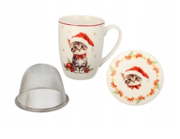 KUBEK ŚWIĄTECZNY DO KAWY HERBATY PORCELANOWY ZAPARZACZ 350 ML KOT , LIVELLO
