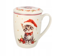 KUBEK ŚWIĄTECZNY DO KAWY HERBATY PORCELANOWY ZAPARZACZ 350 ML KOT , LIVELLO