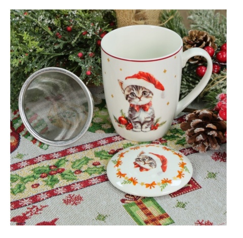 KUBEK ŚWIĄTECZNY DO KAWY HERBATY PORCELANOWY ZAPARZACZ 350 ML KOT , LIVELLO