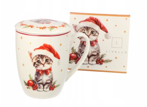 KUBEK ŚWIĄTECZNY DO KAWY HERBATY PORCELANOWY ZAPARZACZ 350 ML KOT , LIVELLO