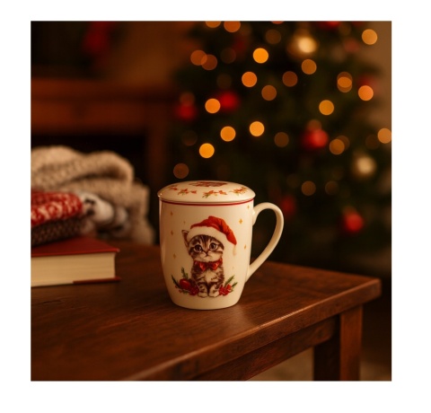 KUBEK ŚWIĄTECZNY DO KAWY HERBATY PORCELANOWY ZAPARZACZ 350 ML KOT , LIVELLO