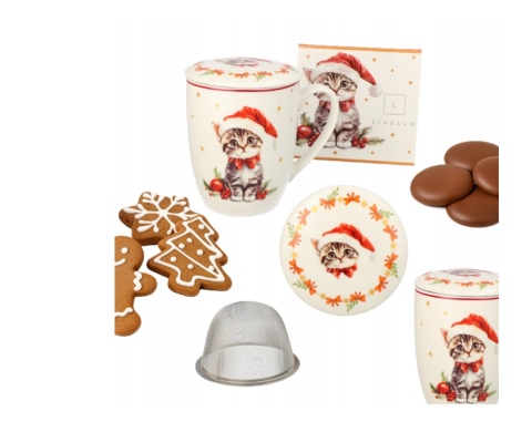 KUBEK ŚWIĄTECZNY DO KAWY HERBATY PORCELANOWY ZAPARZACZ 350 ML KOT , LIVELLO
