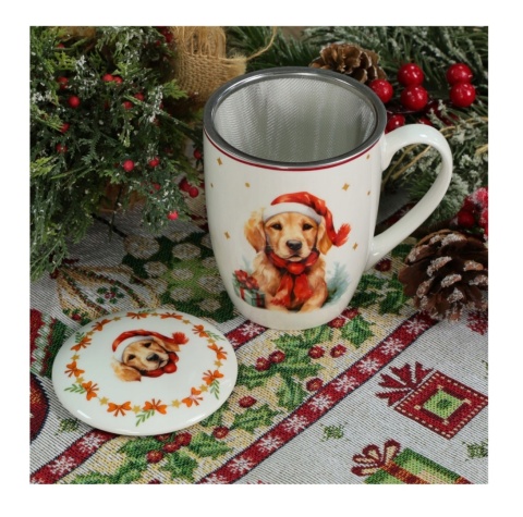 KUBEK ŚWIĄTECZNY DO KAWY HERBATY PORCELANOWY ZAPARZACZ 350 ML PIES , LIVELLO