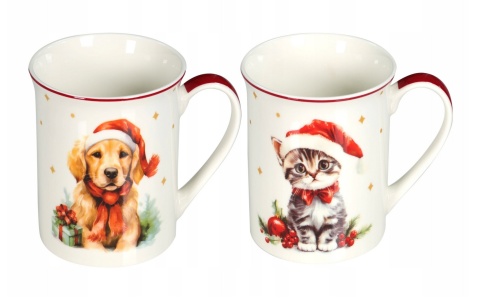 ZESTAW 2 SZTUK KUBKÓW PORCELANOWYCH ŚWIĄTECZNYCH DO KAWY 350 ML KOT PIES , LIVELLO