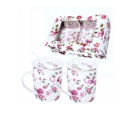 ZESTAW 2 SZTUK KUBKÓW PORCELANOWYCH 340 ml KWIATY ZE SPODAKMI 14 cm I ŁYŻECZKAMI CR13-13 , LIVELLO